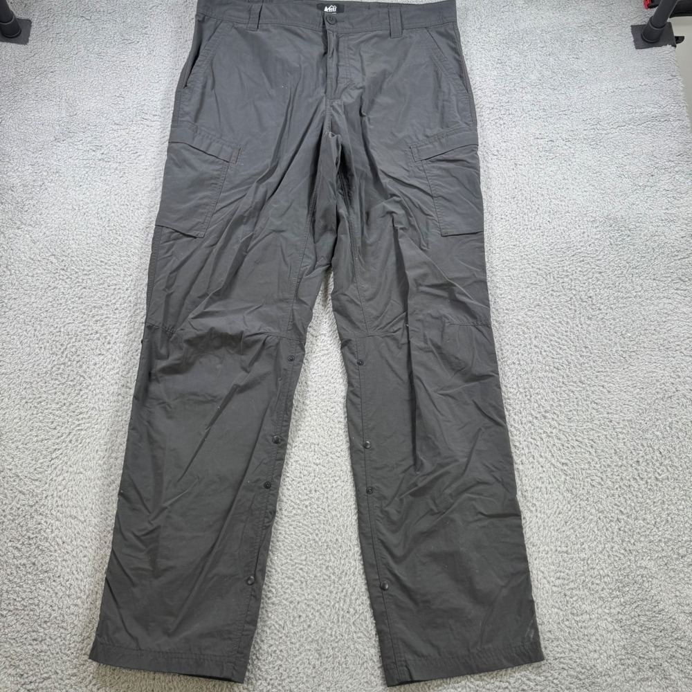 REI Co-op Mens 38x33 Charcoal Gray Relaxed Fit Nylon Cargo Hiking Pants Snap Leg